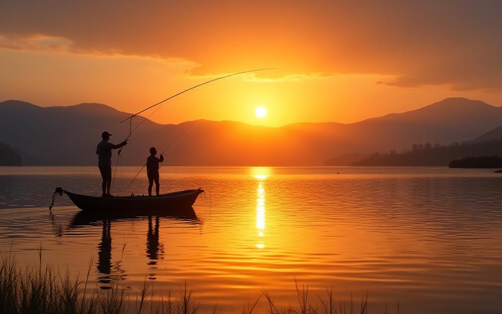 Pescatore al tramonto sul lago del Lazio